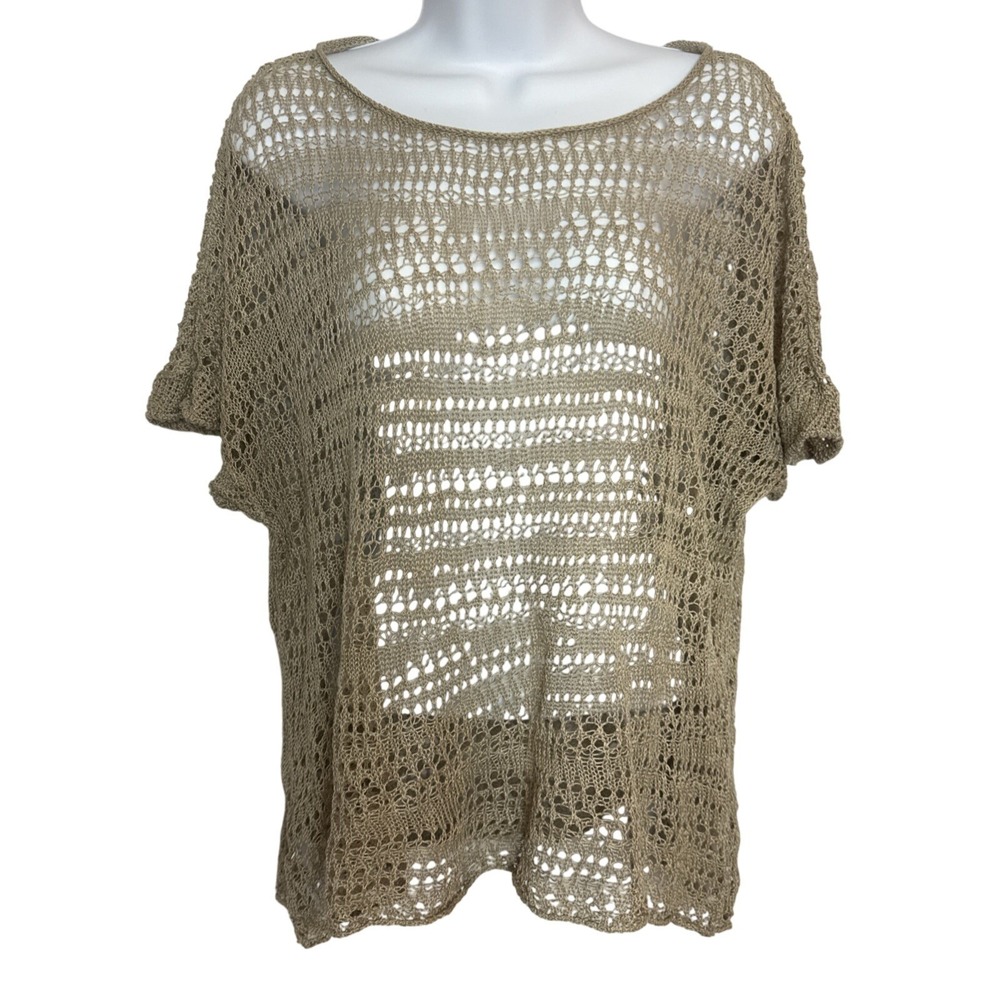 Tommy Bahama Womens Large Linen Top Brown Knit Pullover Crochet Mesh‎ Coverup